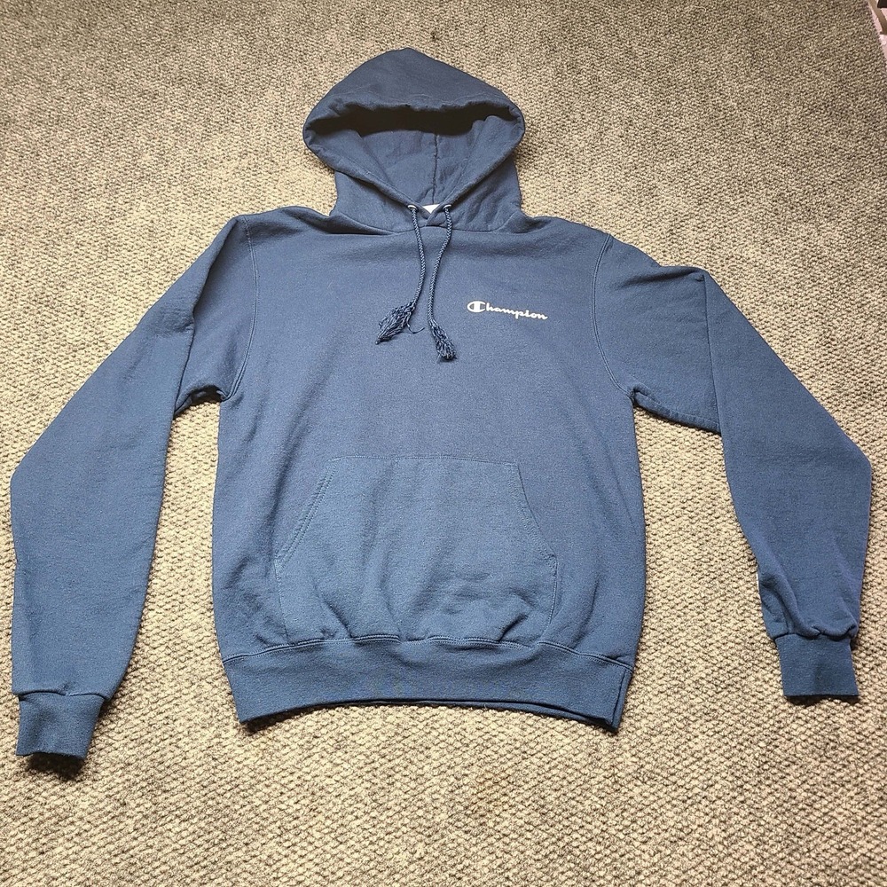 Champion Fleece Hoodie Mens (S) Blue Spellout Graphic Logo Hooded Sweatshirt